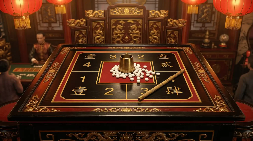 Fan Tan Spieltisch mit weissen Perlen und traditionellem asiatischen Ambiente