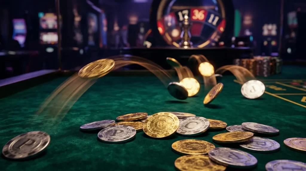 Fichas de casino douradas sobre mesa de jogo verde com luz ambiente roxa e efeito de brilho cinematografico representando bonus de cashback