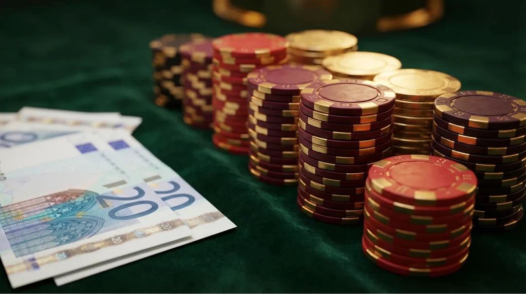 Fichas de casino apiladas junto a billetes de veinte euros sobre mesa de fieltro verde