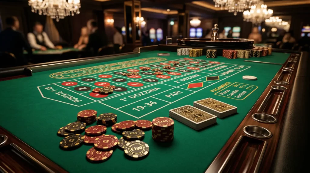 Tavolo da gioco illuminato con fiches colorate è carte da poker in un ambiente elegante di casino