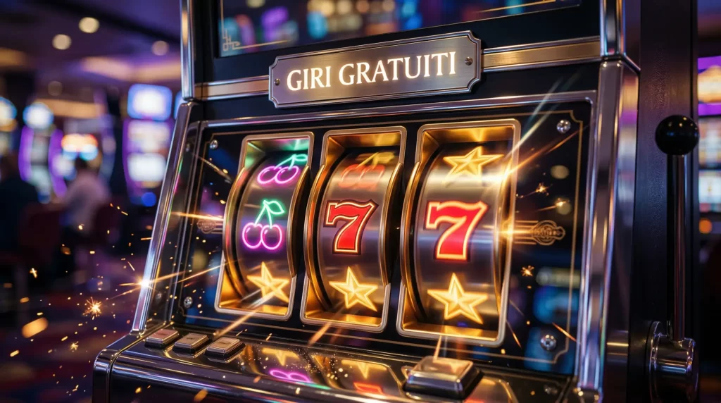 Rulli colorati di una slot machine in movimento con simboli luminosi che rappresentano i giri gratuiti nei casino online