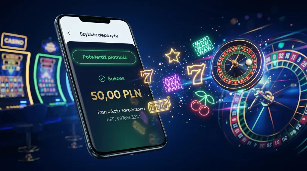 Nowoczesne kasyno online z interfejsem płatności bankowej i świetlistymi elementami symbolizującymi szybkie transakcje