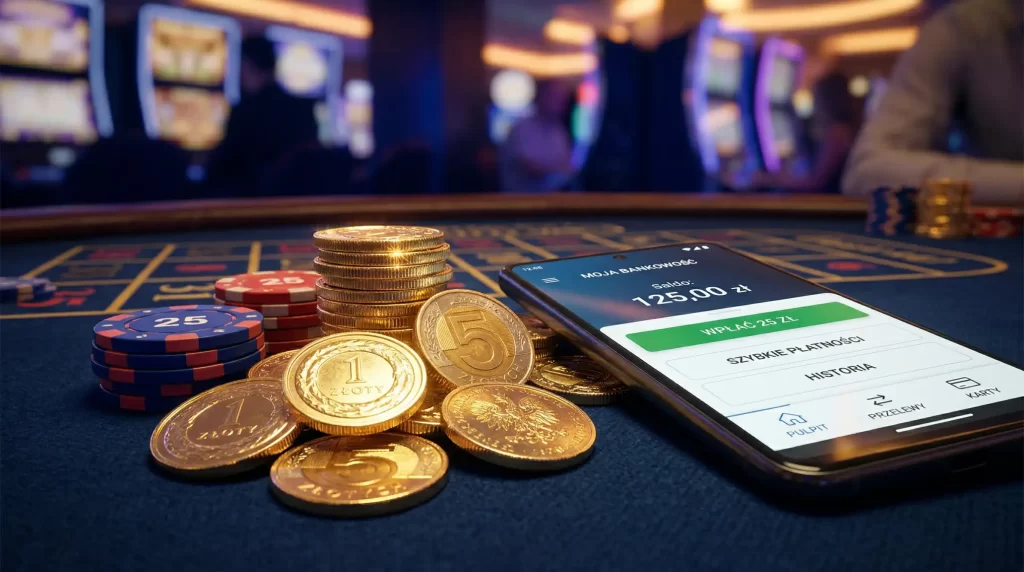 Kasyno online z minimalnym depozytem 25 złotych - złote monety i żetony na stole do gry