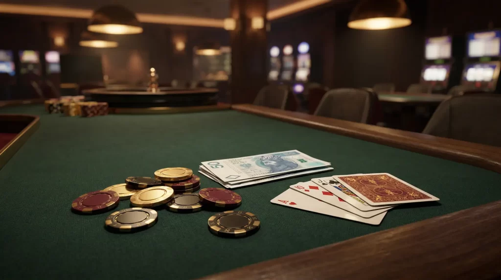Kasyno online z minimalnym depozytem 50 złotych - żetony pokerowe i karty na stole do gry