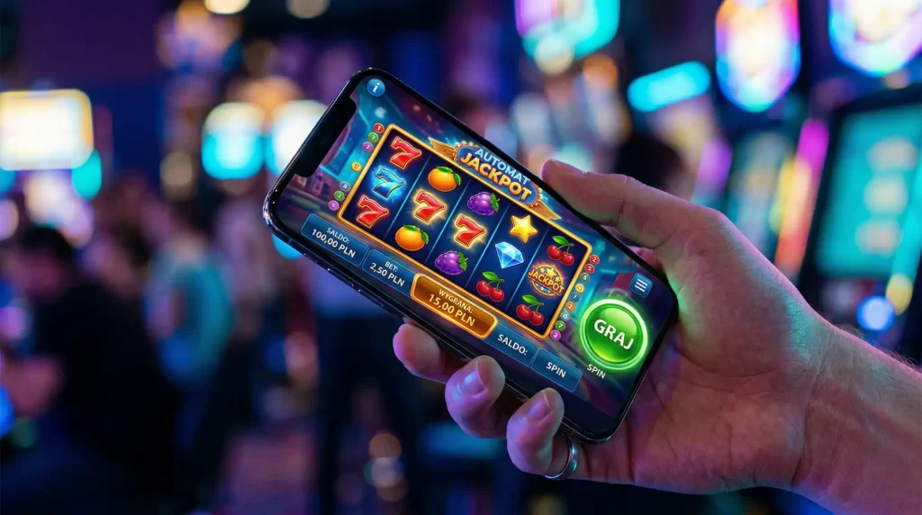 Smartfon z interfejsem gry kasynowej w ręce gracza na tle nowoczesnego oświetlenia