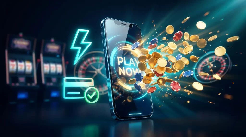Kayit gerektirmeyen online casino konsepti - hizli giris ve aninda odeme sembolleri ile dijital kumarhane arayuzu