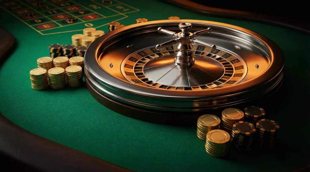 Mesa de casino con fichas doradas y ruleta iluminada representando los mejores pagos en casinos online