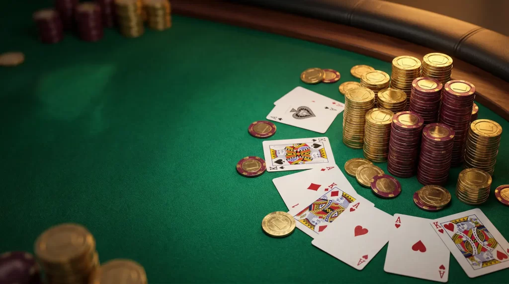 Fichas de casino douradas e vermelhas sobre mesa de feltro verde com cartas de baralho e luz ambiente quente