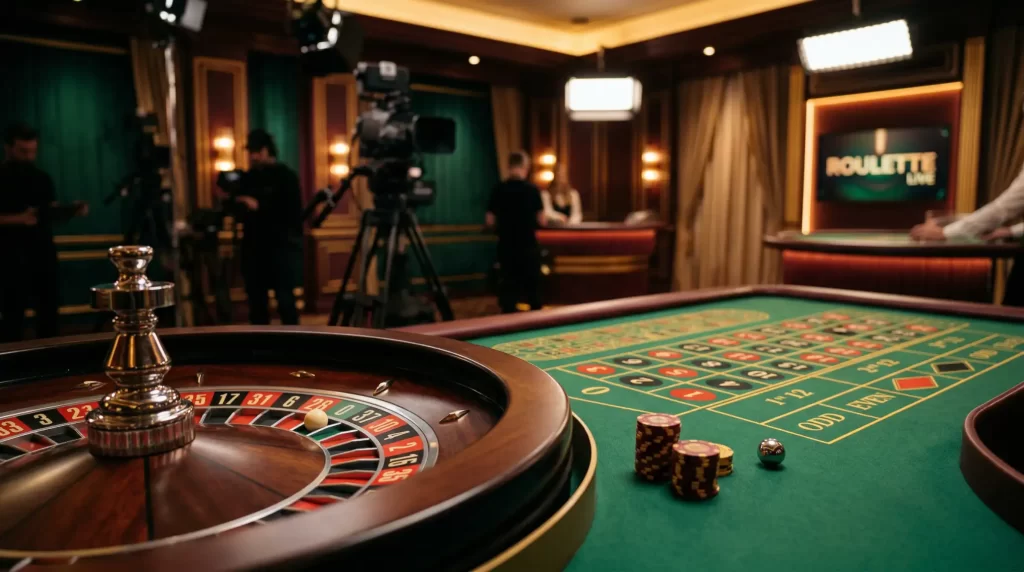 Mesa de cassino ao vivo com dealer profissional a distribuir cartas em ambiente sofisticado