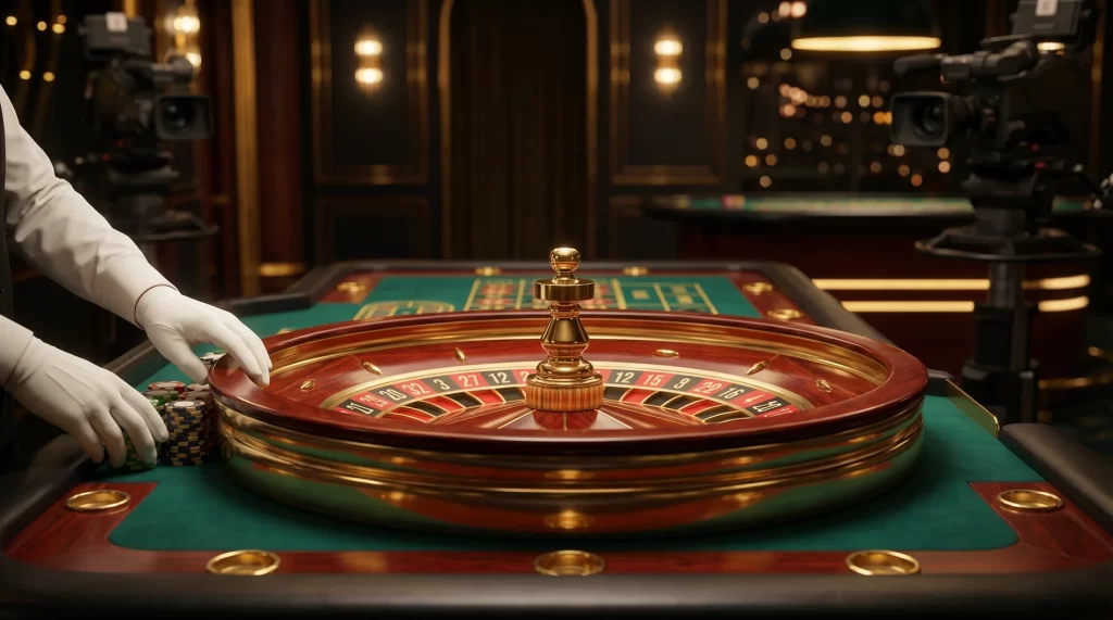 Mesa de ruleta en un casino en vivo con crupier profesional repartiendo fichas bajo iluminacion cinematografica