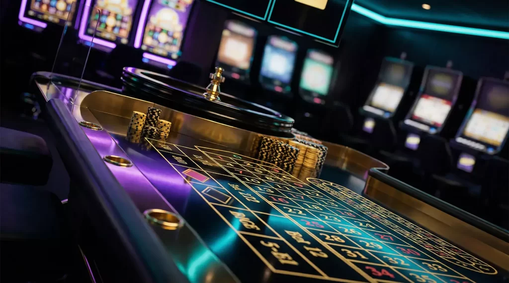 Mesa de ruleta electronica en un entorno de casino online con iluminacion neon y fichas doradas