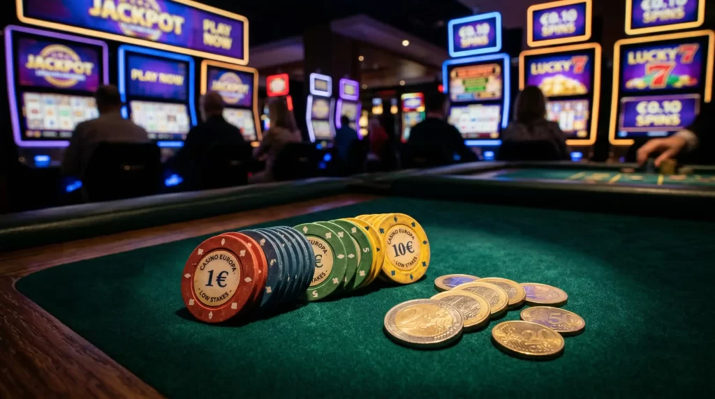 Spielchips und Karten auf einem Casino-Tisch mit niedriger Mindesteinzahlung