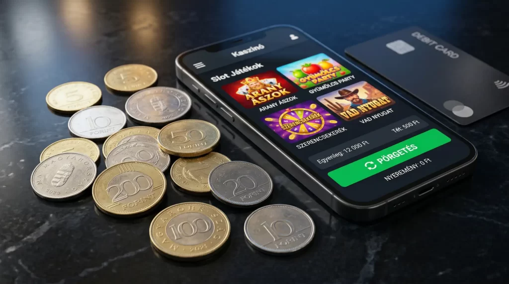 Forint ermek es okostelefon online kaszino feluletet mutatva, arany es kek szinekkel