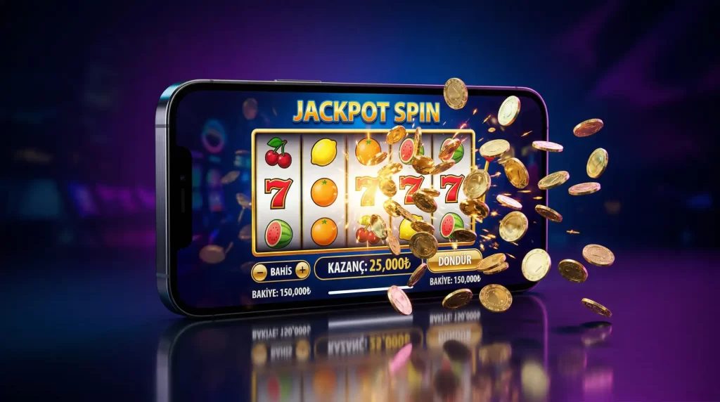 Mobil casino uygulama konsepti - akilli telefon ekraninda slot oyunu ve casino arayuzu ile modern dijital oyun deneyimi