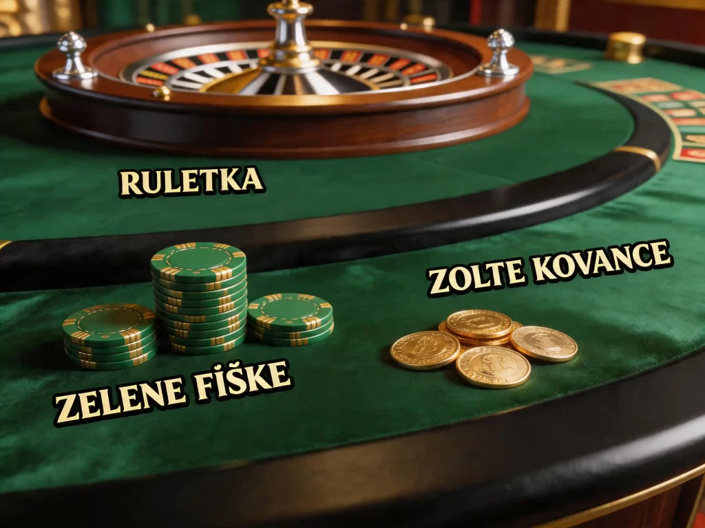 Spletna igralnica z visokimi izplacili - zeleni žetoni in zlate kovance na igralni mizi