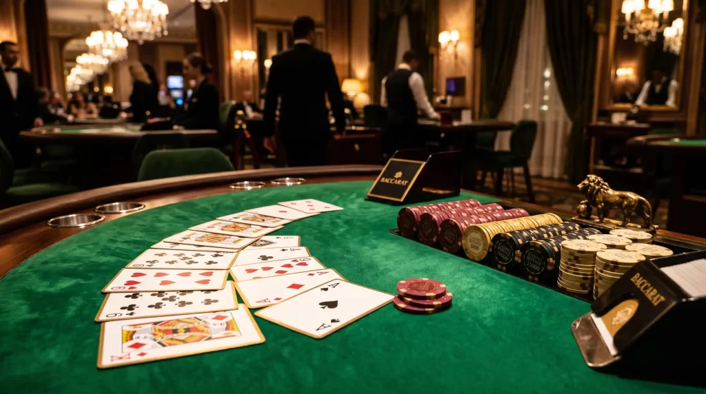 No Commission Baccarat Spieltisch mit eleganten Karten und Jetons in gehobener Casino-Atmosphaere