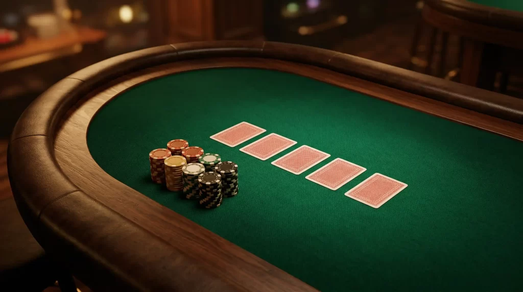 No-Limit 2-7 Single Draw Pokertisch mit Karten und Chips in atmosphaerischer Beleuchtung