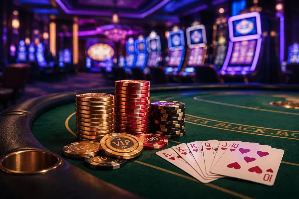 Atmosphère de casino moderne avec jetons, cartes et éclairage néon sur une table de jeu élégante