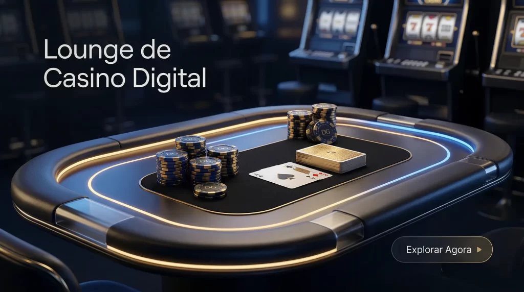 Mesa de cassino digital com fichas e cartas em ambiente moderno iluminado por tons azuis e dourados