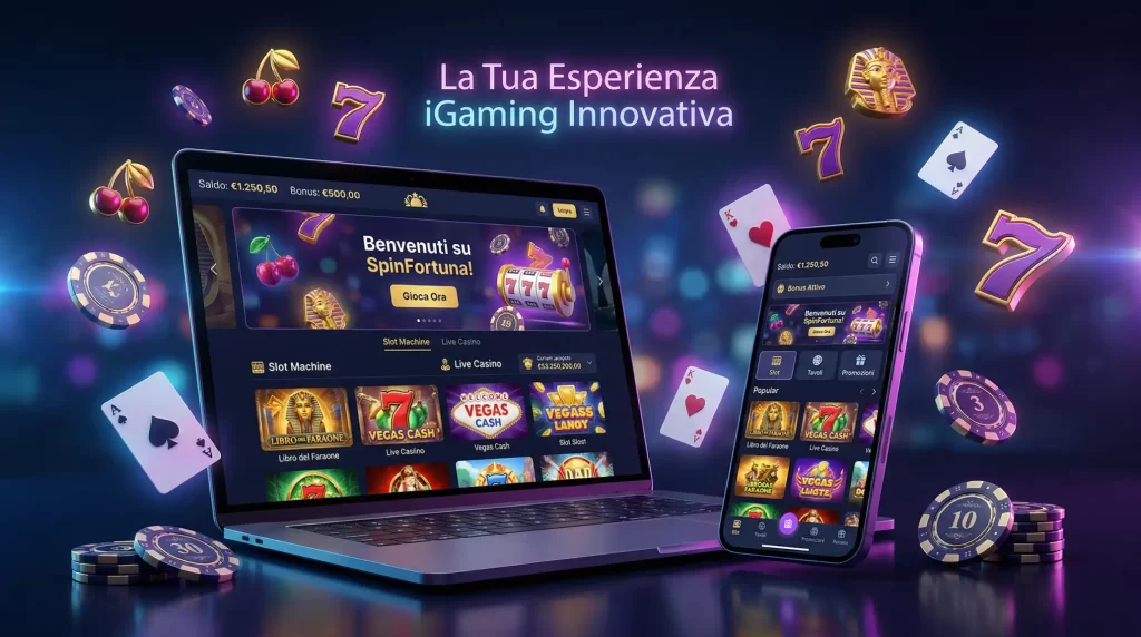 Interfaccia moderna di un casino online con elementi grafici innovativi che rappresentano le nuove piattaforme di gioco digitale