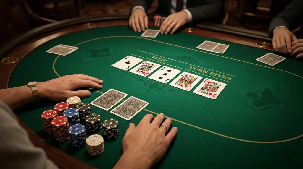 Omaha Hi-Lo Pokertisch mit vier Hole Cards und Community Cards