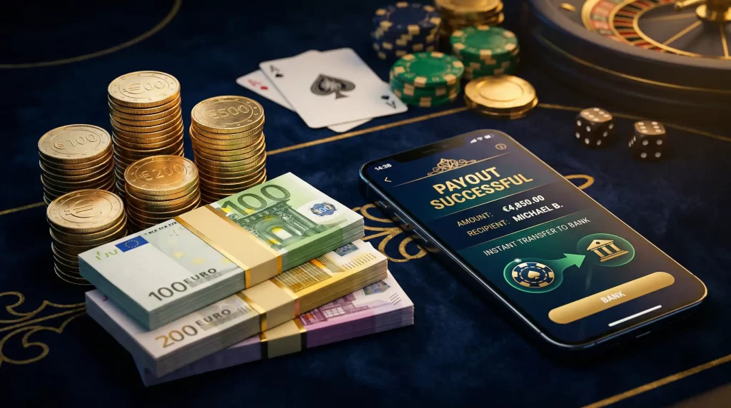 Online Casino Auszahlung in Deutschland mit Geldscheinen und Chips auf einem Spieltisch