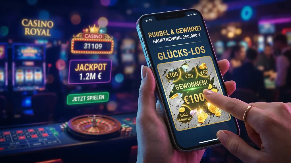 Digitale Rubbelkarte auf einem Smartphone mit freigelegten Gewinnsymbolen