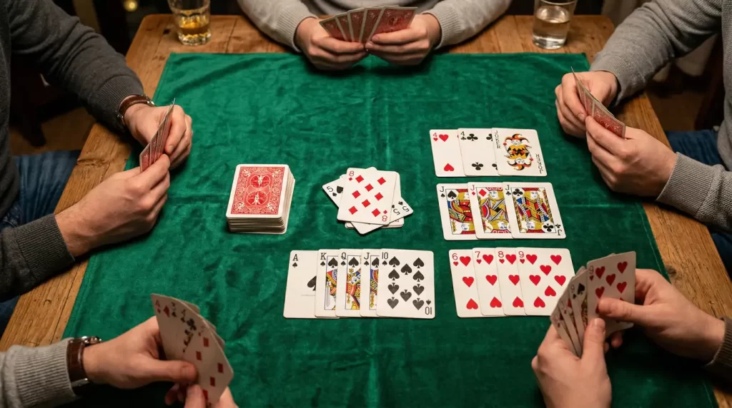 Rummy Kartenspiel mit ausgelegten Meldungen auf grünem Spieltisch