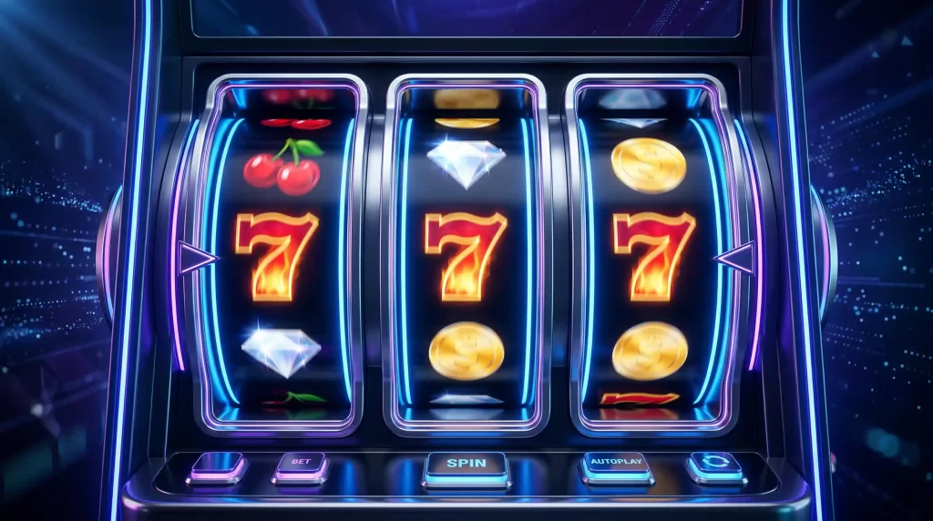 Digitale Spielautomaten-Walzen mit bunten Symbolen in einer modernen Online-Spielumgebung