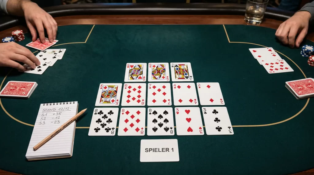 Open Face Chinese Poker Spielaufbau mit drei Kartenreihen und aufgedeckten Karten