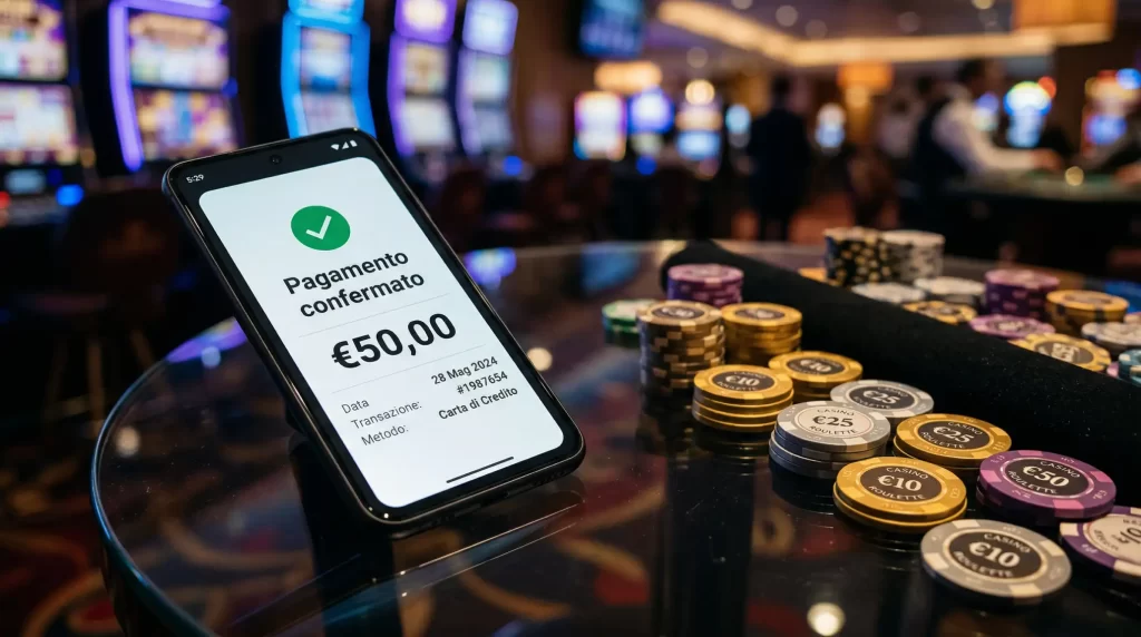 Smartphone con schermata di conferma pagamento SMS per deposito su casino online