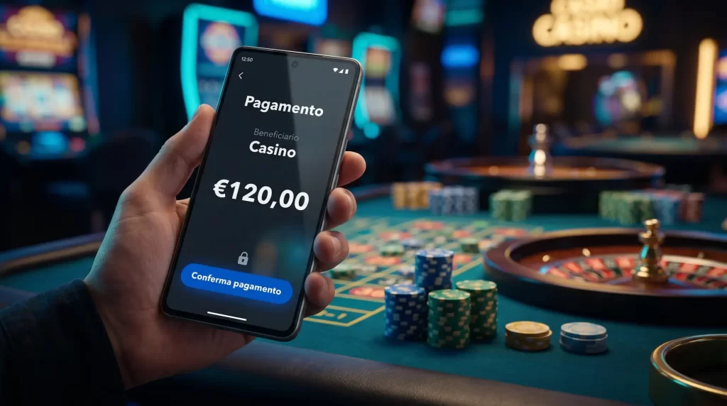 Interfaccia di pagamento Trustly su smartphone con sfondo di fiches da casino è luce blu
