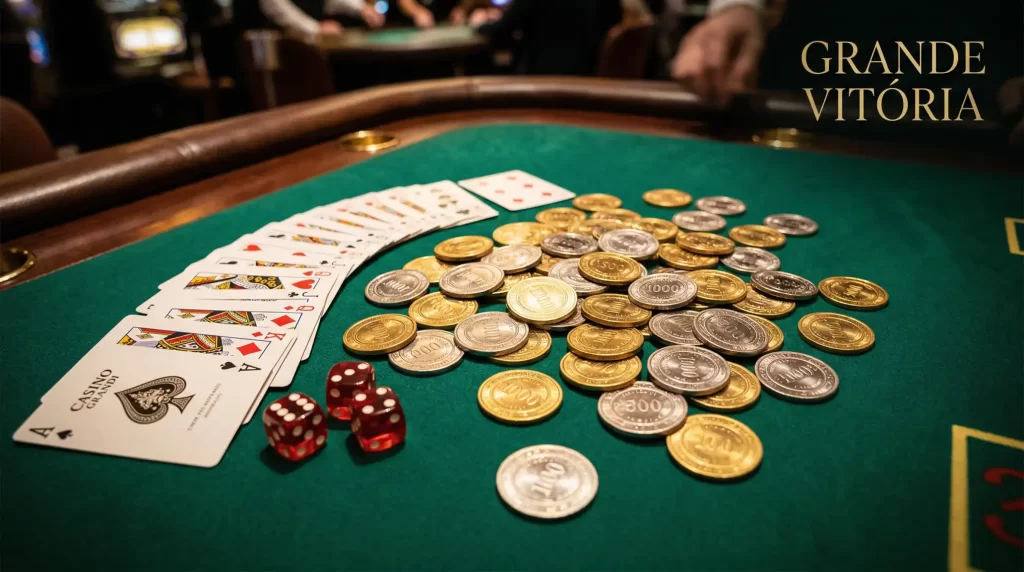 Fichas de casino douradas sobre mesa de jogo verde com luz ambiente quente representando pagamentos em casinos online