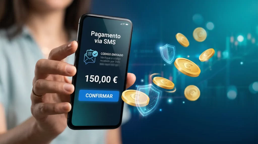 Telemovel a realizar pagamento SMS num cassino online com simbolos de seguranca e moedas digitais