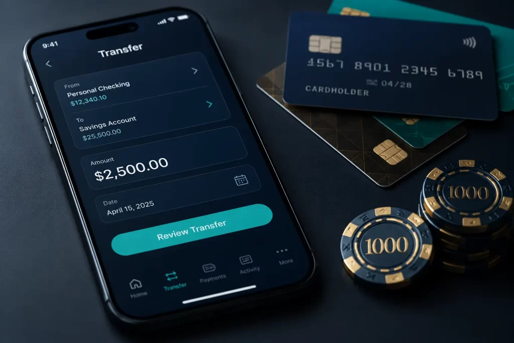 Interface de paiement Klarna Pay Now avec smartphone et cartes bancaires pour dépôt casino en ligne