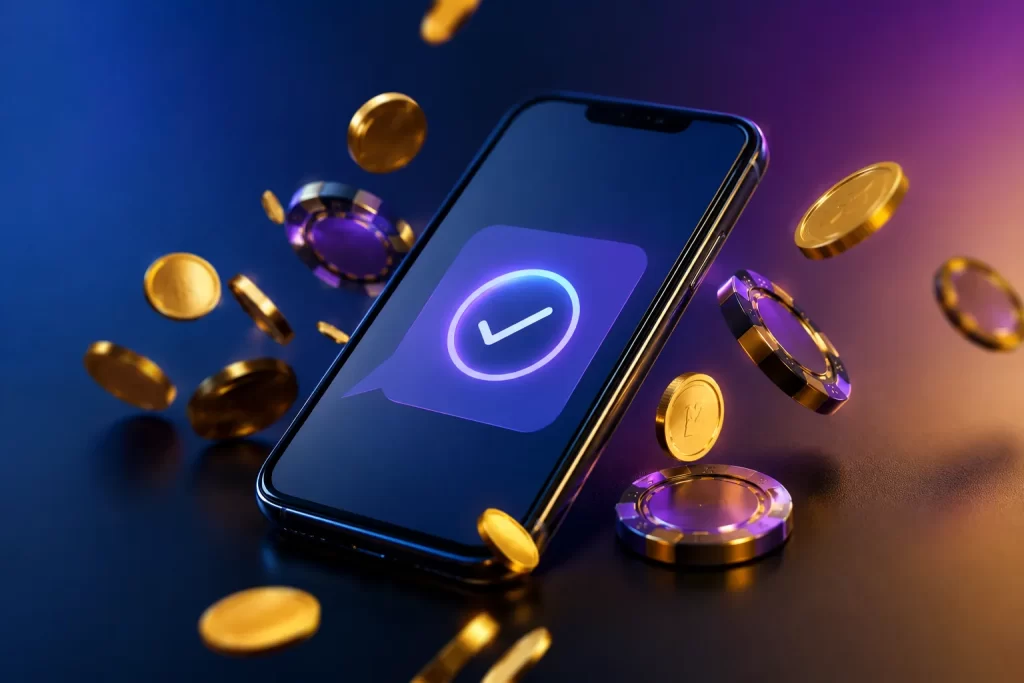 Téléphone mobile affichant une confirmation de paiement SMS pour un dépôt dans un casino en ligne