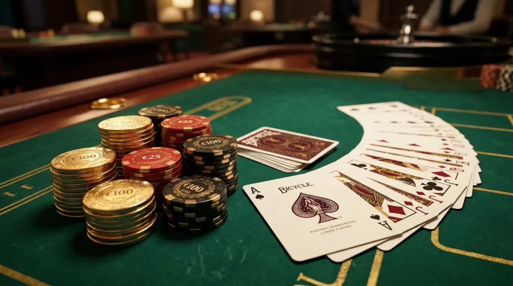 Fiches colorate è carte da gioco su tavolo verde illuminato con luce soffusa dorata, atmosfera elegante di casino