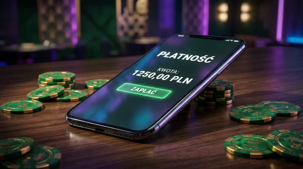 Smartfon z ekranem płatności SMS w kasynie online na tle zielonych żetonów kasynowych