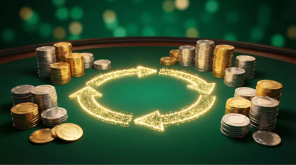 Mesa de casino con fichas y monedas doradas representando el concepto de cashback y reembolso de perdidas en juegos de azar