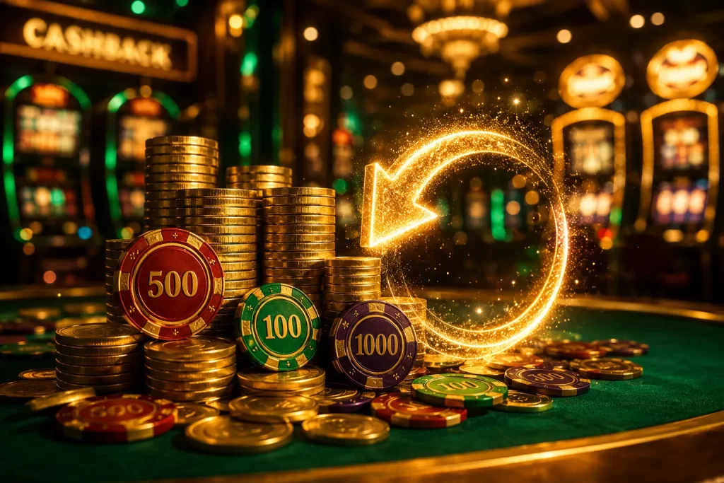 Jetons de casino dorés et pièces empilées sur une table de jeu avec lumière tamisée évoquant le remboursement des pertes