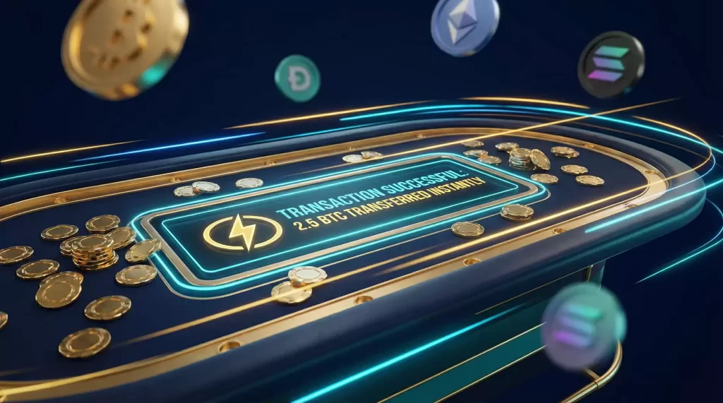 Mesa de casino iluminada con fichas doradas y pantalla digital mostrando transaccion completada en tiempo real