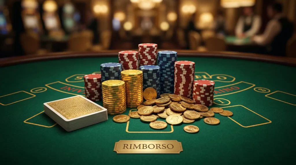 Fiche colorate è monete dorate su tavolo da gioco verde che rappresentano il sistema di rimborso cashback nei casino online