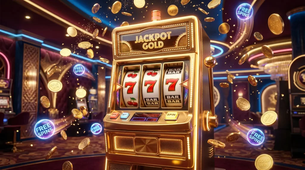 Slot machine dourada com moedas e simbolos de free spins num ambiente de casino sofisticado
