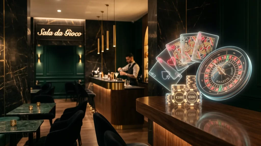 Ambiente elegante di casino online con elementi tipici del gioco digitale italiano è atmosfera sofisticata