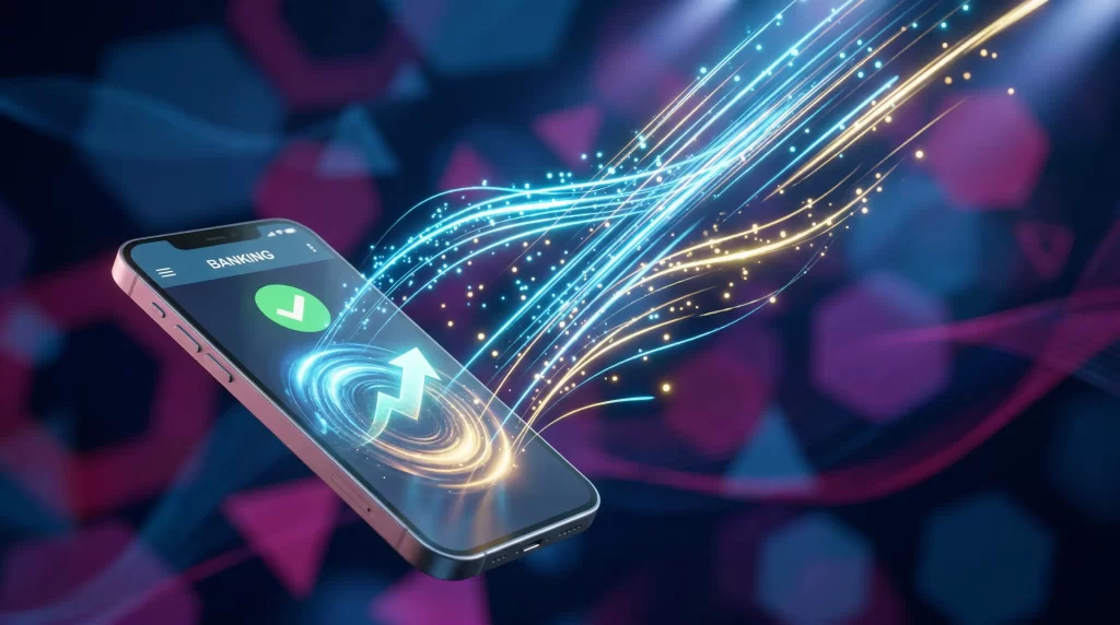Digitale Geldtransaktion mit Smartphone und leuchtenden Datenstroemen symbolisiert schnelle Casino-Auszahlungen