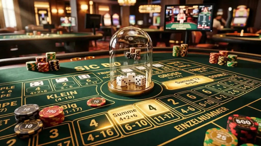 Sic Bo Spieltisch mit drei Wurfeln und beleuchteten Wettfeldern im Online-Casino