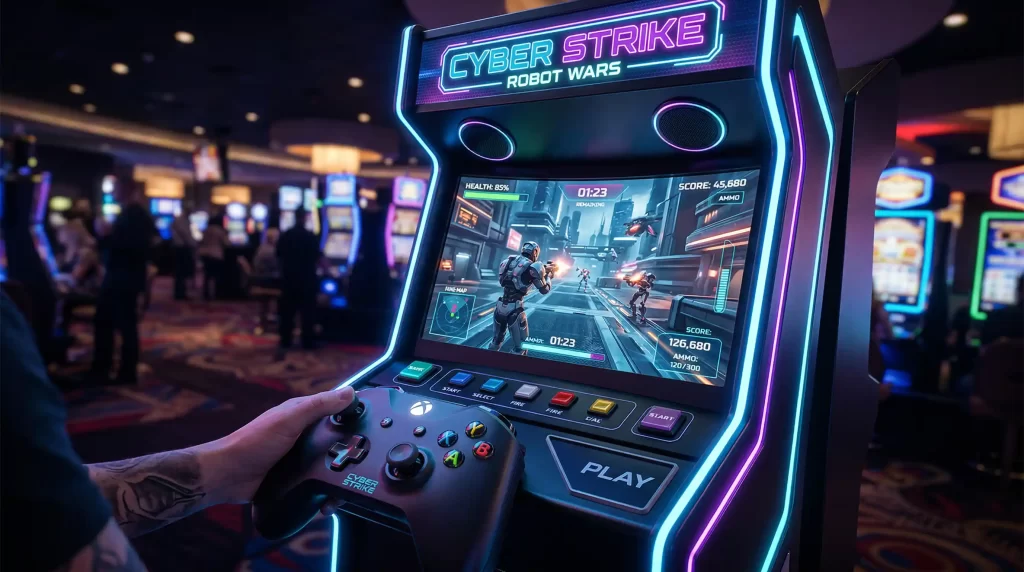 Skillbasierter Spielautomat mit Arcade-Controller und futuristischem Display