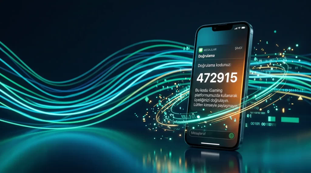 SMS ile online kumarhaneye para yatirma islemini gosteren mobil telefon ve dogrulama kodu konsepti