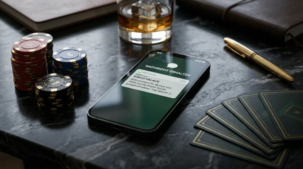 Smartphone mit SMS-Bestätigung für Casino-Einzahlung neben Pokerchips und Spielkarten