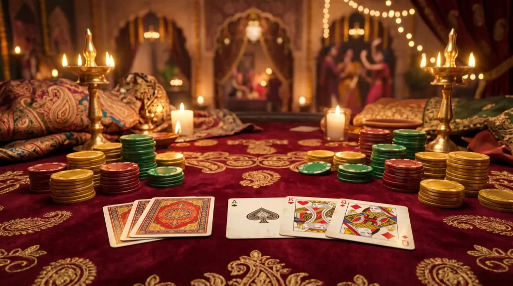 Teen Patti Kartenspiel mit drei Karten und farbenfrohem indischem Design am Spieltisch